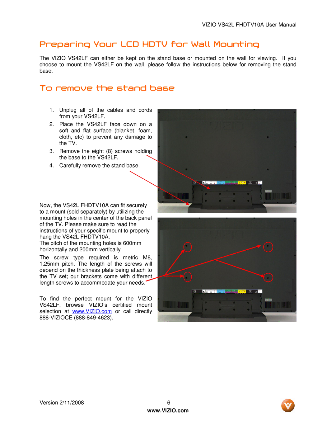 Vizio VS42LF manual Preparing Your LCD Hdtv for Wall Mounting, To remove the stand base 