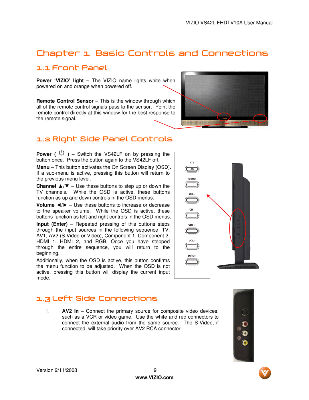 Vizio VS42LF manual Front Panel, Right Side Panel Controls, Left Side Connections 