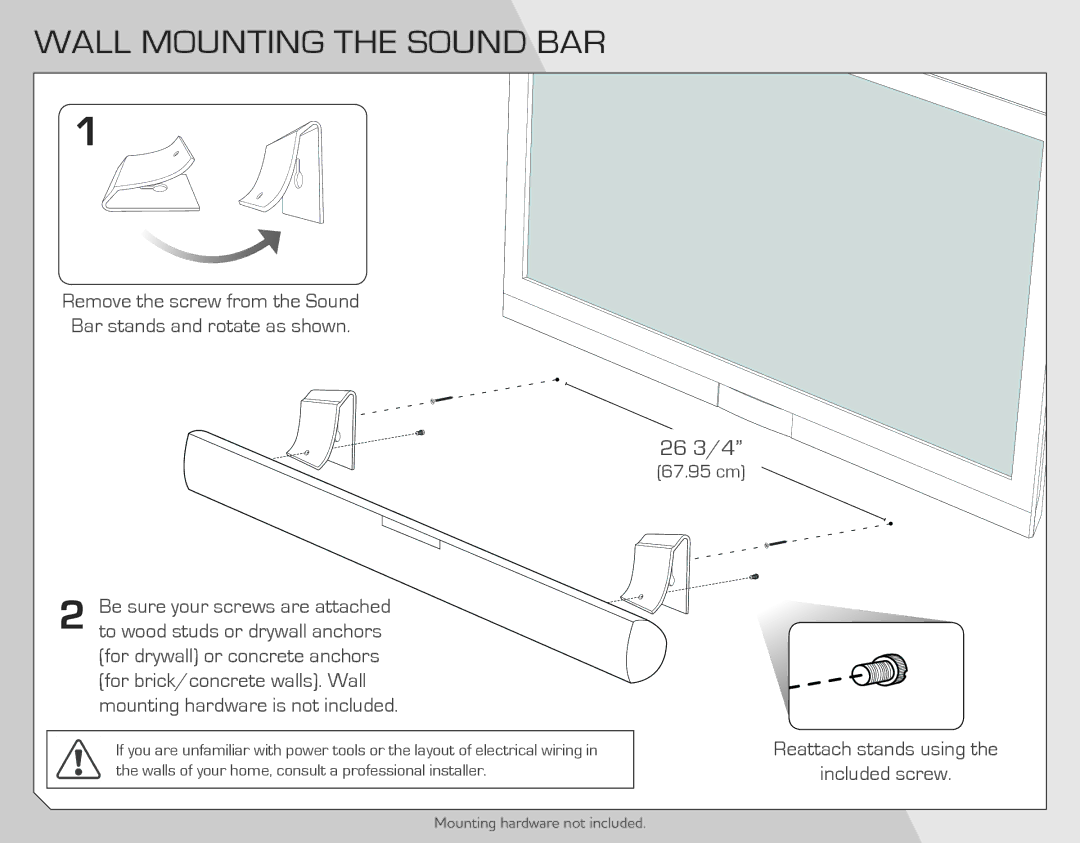 Vizio VSB201 quick start Wall Mounting the Sound BAR 