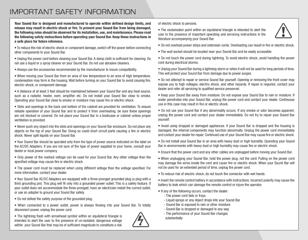 Vizio VSB201 quick start Important Safety Information 