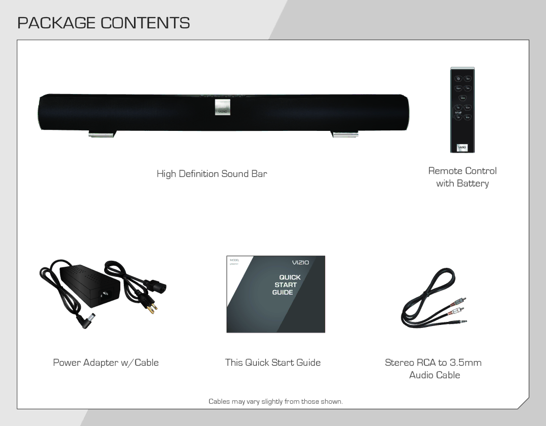 Vizio VSB201 quick start Package Contents 