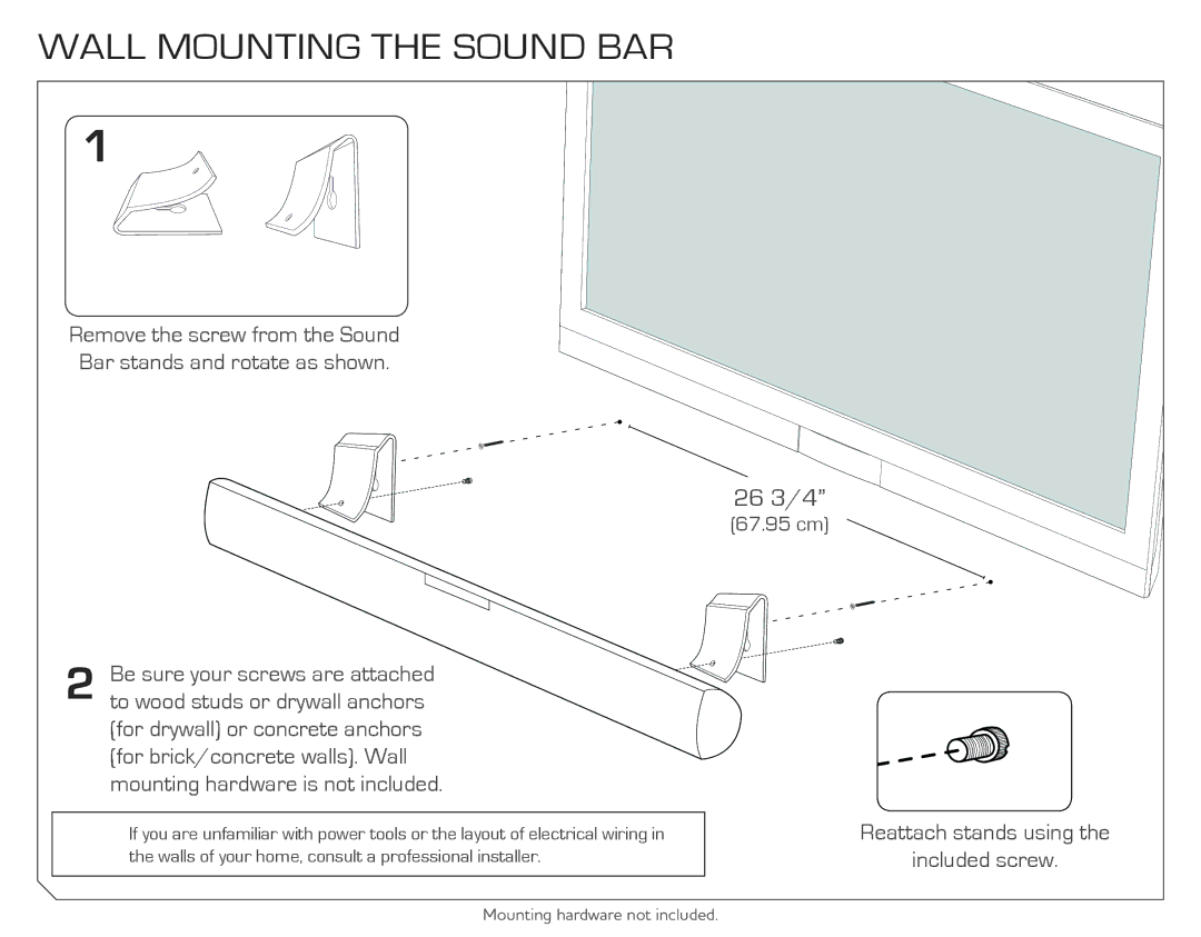 Vizio VSB202 quick start Wall Mounting the Sound BAR 