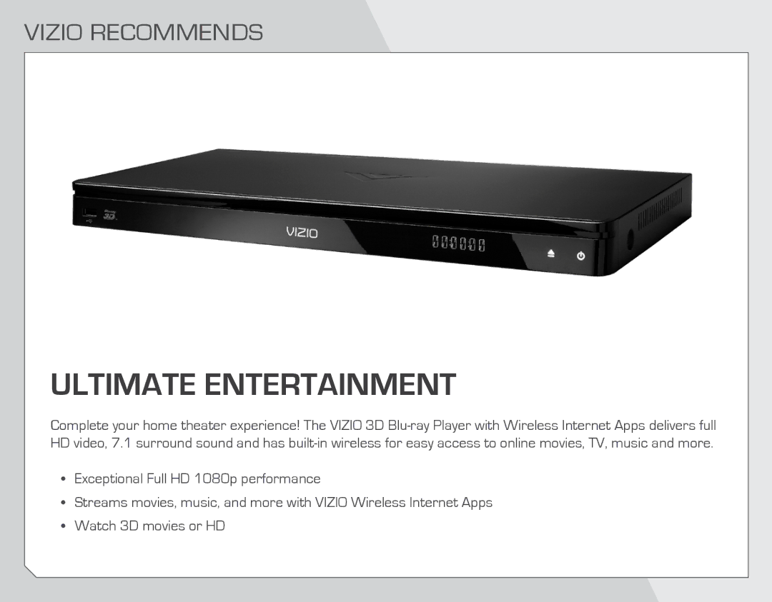 Vizio VSB202 quick start Ultimate Entertainment, Vizio Recommends 