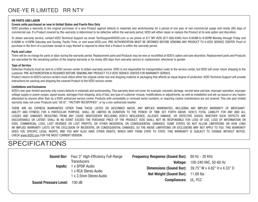 Vizio VSB202 quick start Specifications 