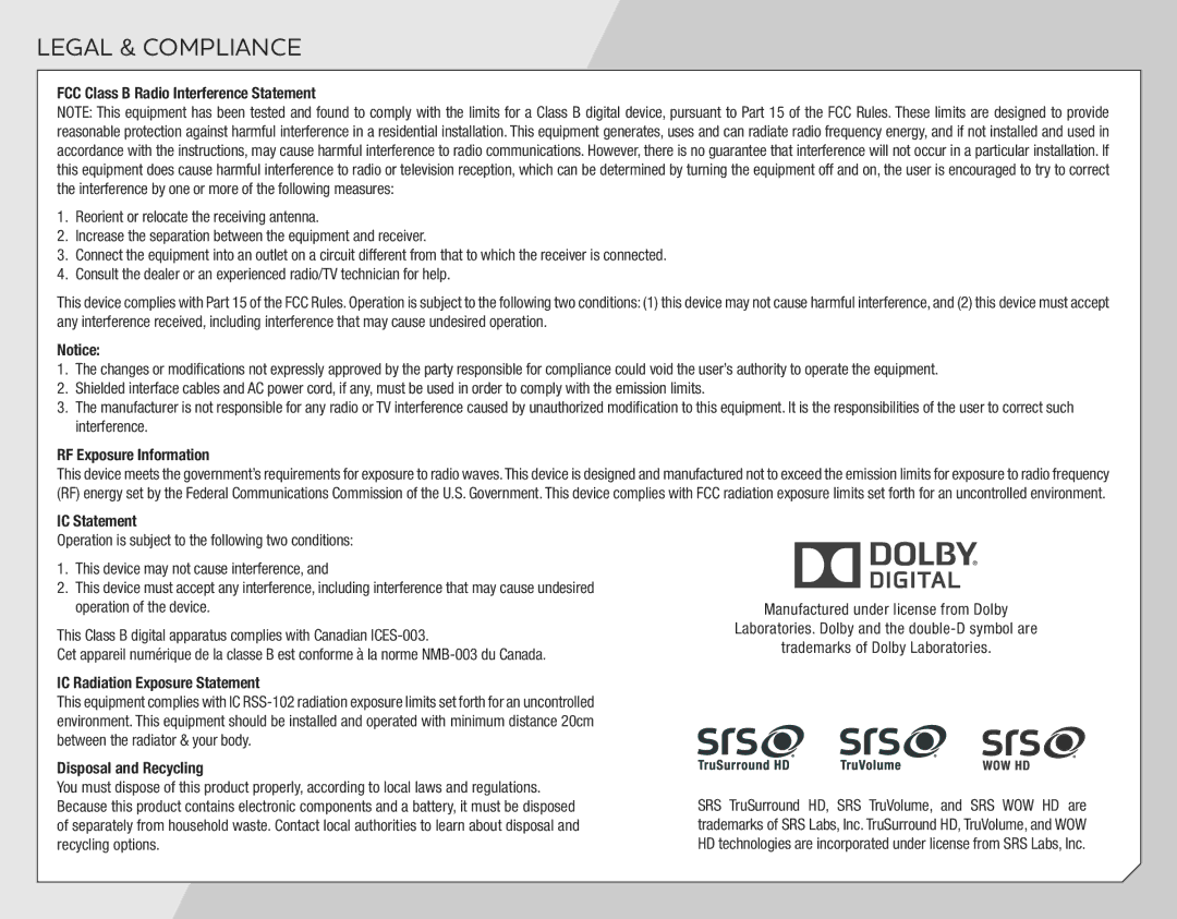 Vizio VSB202 quick start Legal & Compliance 