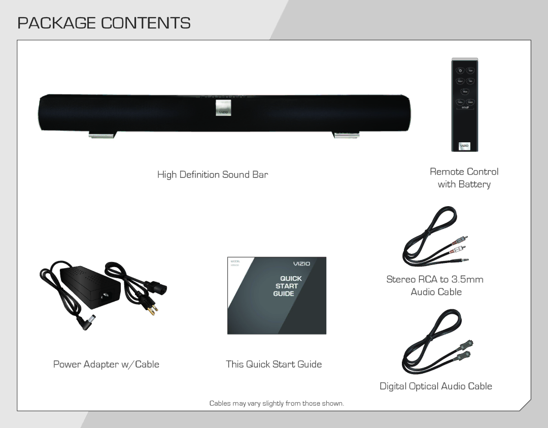 Vizio VSB202 quick start Package Contents 