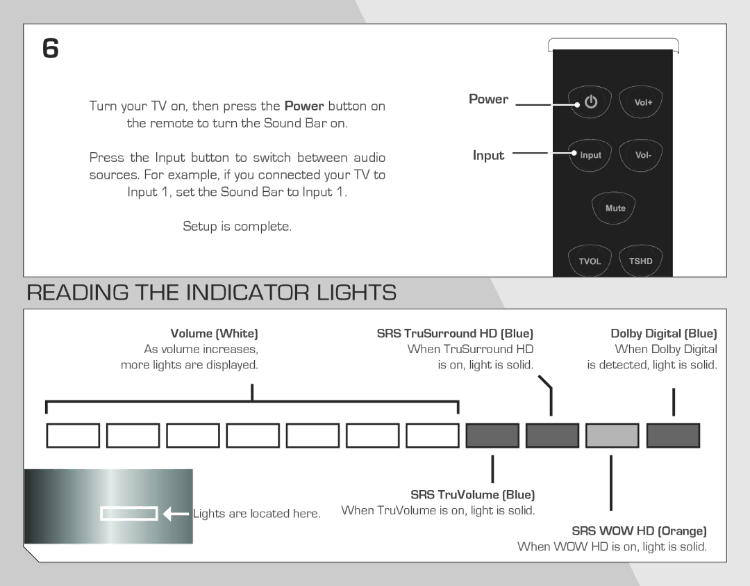 Vizio VSB202 quick start Reading the Indicator Lights, SRS TruSurround HD Blue Dolby Digital Blue 