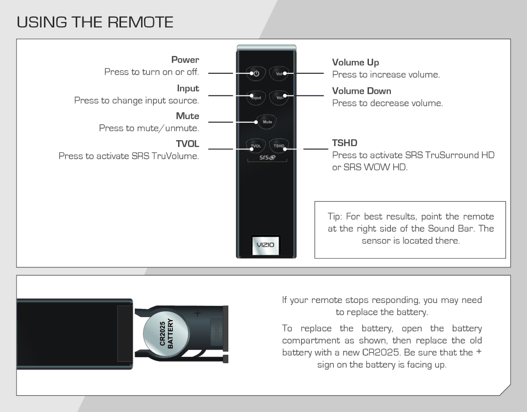 Vizio VSB202 quick start Using the Remote, Tshd 