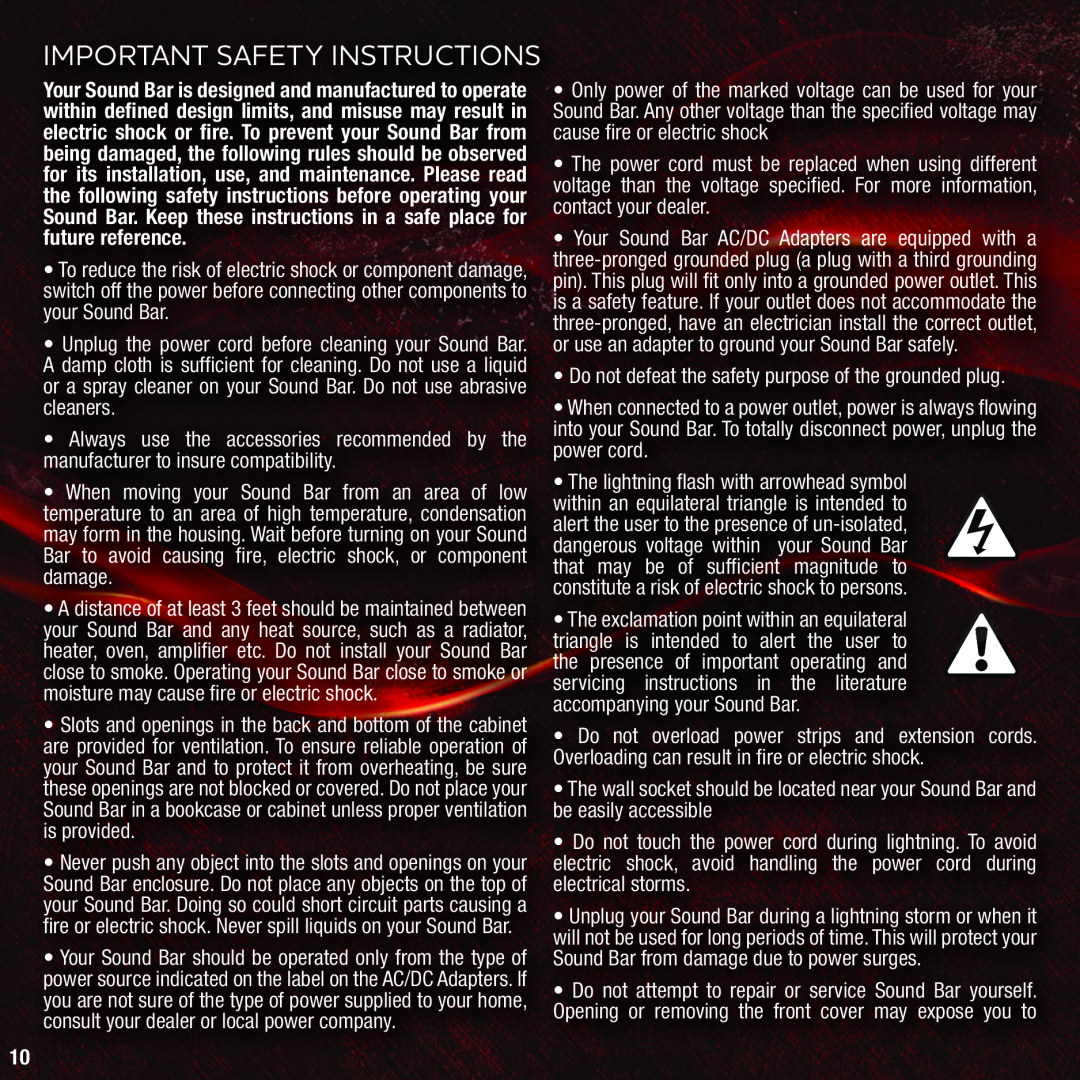 Vizio VSB205 quick start Important Safety Instructions 