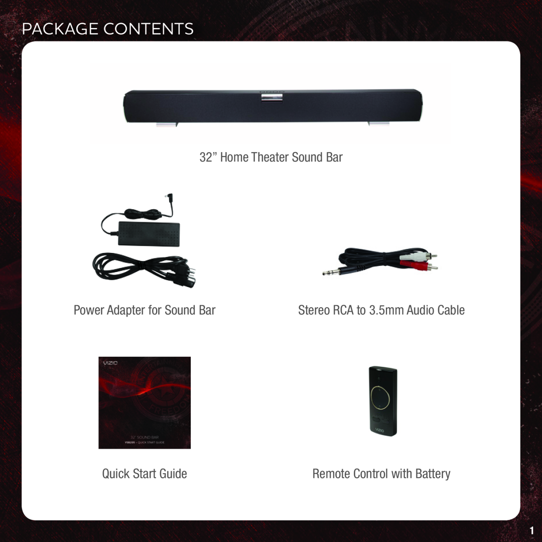 Vizio VSB205 quick start Package Contents, 32” Home Theater Sound Bar, Power Adapter for Sound Bar, Quick Start Guide 
