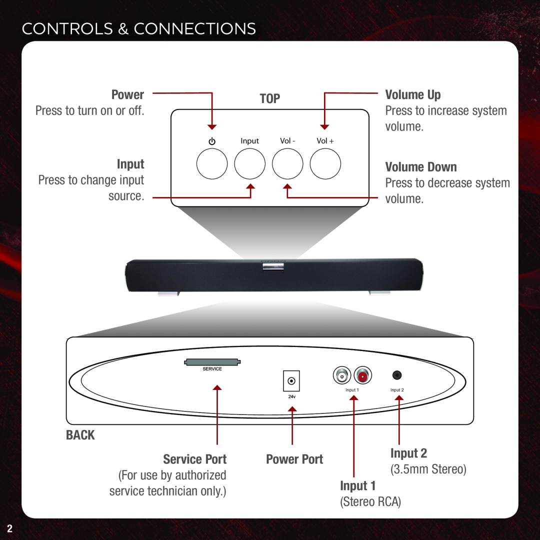 Vizio VSB205 Controls & Connections, Power, Volume Up, Press to turn on or off, volume, Input Press to change input source 
