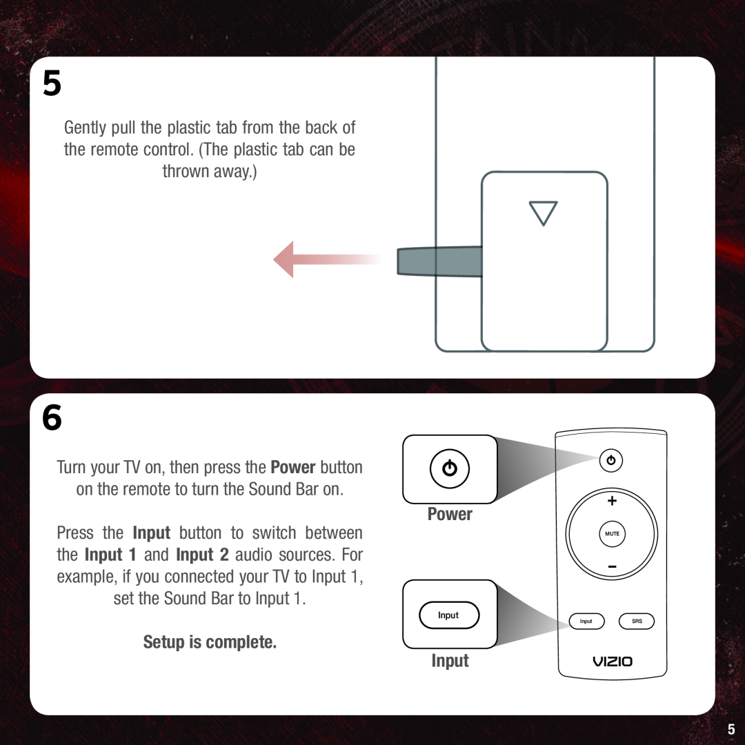 Vizio VSB205 quick start Power, Press the Input button to switch between, the Input 1 and Input 2 audio sources. For, Mute 