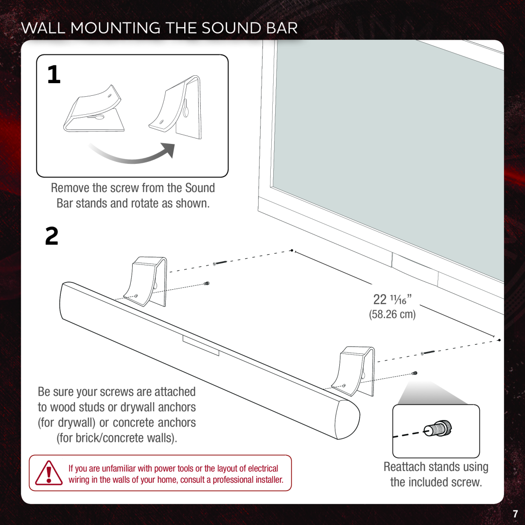 Vizio VSB205 Wall Mounting The Sound Bar, Remove the screw from the Sound, Bar stands and rotate as shown, 58.26 cm 