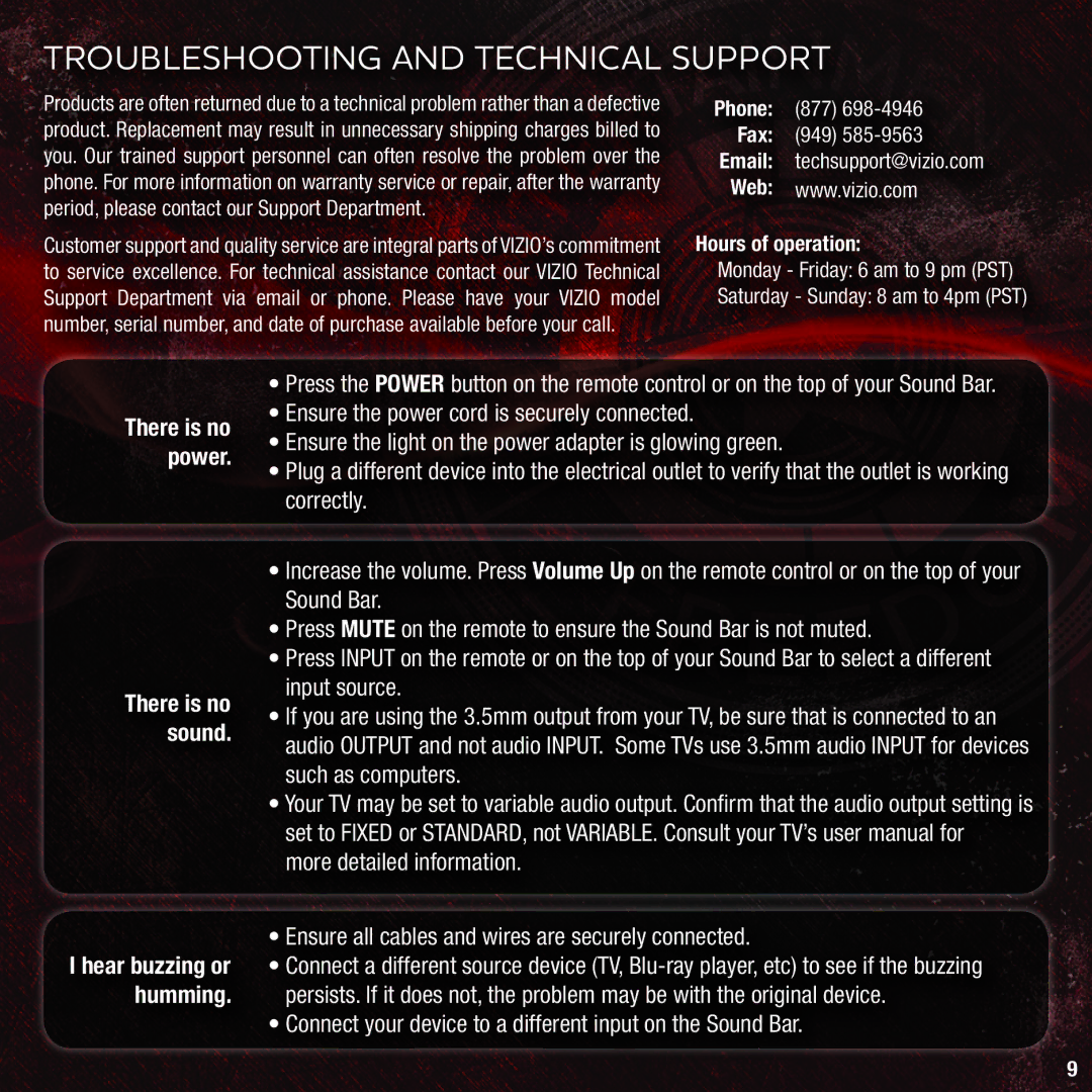 Vizio VSB205 quick start Troubleshooting and Technical Support 