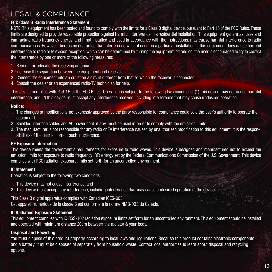 Vizio VSB205 quick start Legal & Compliance 