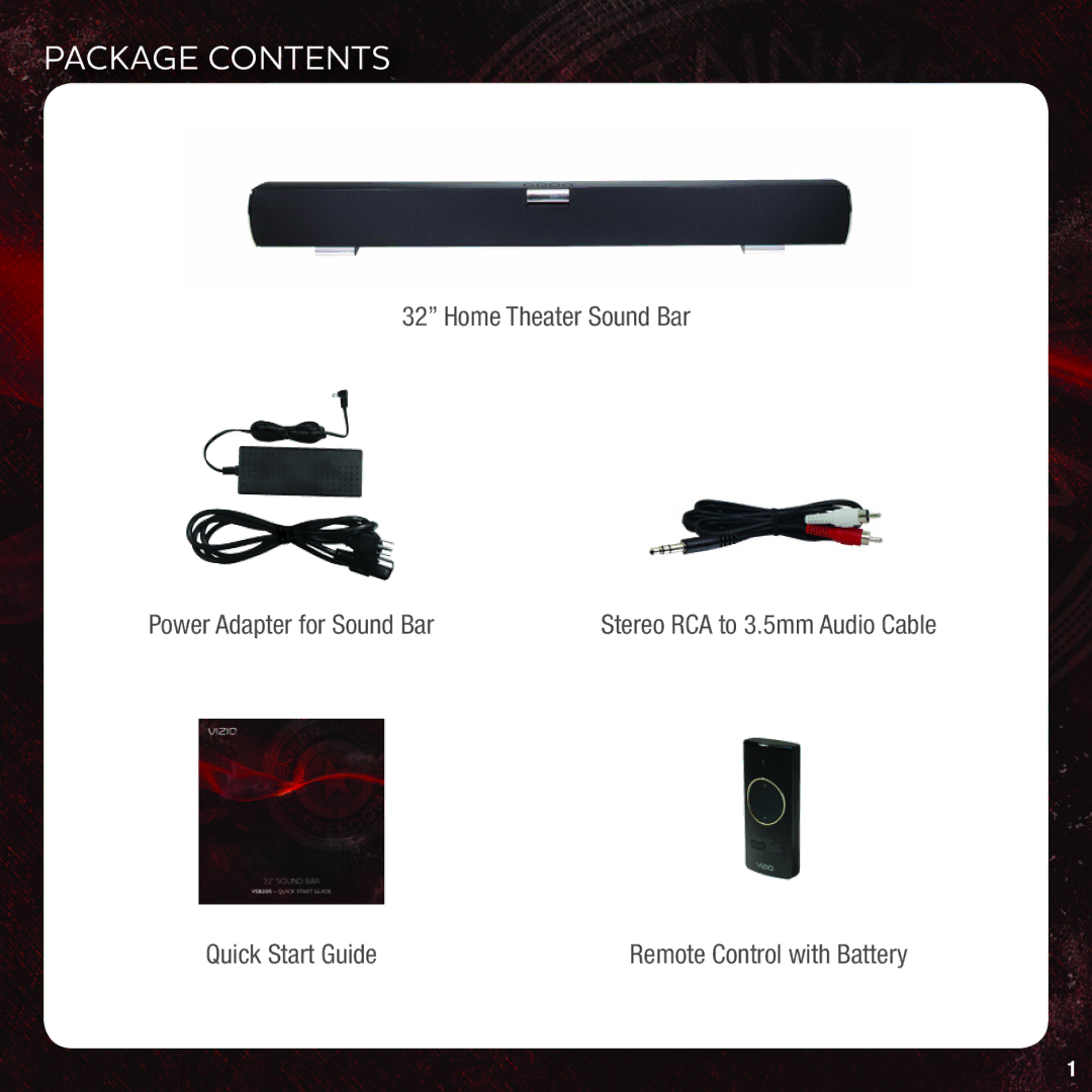 Vizio VSB205 quick start Package Contents 