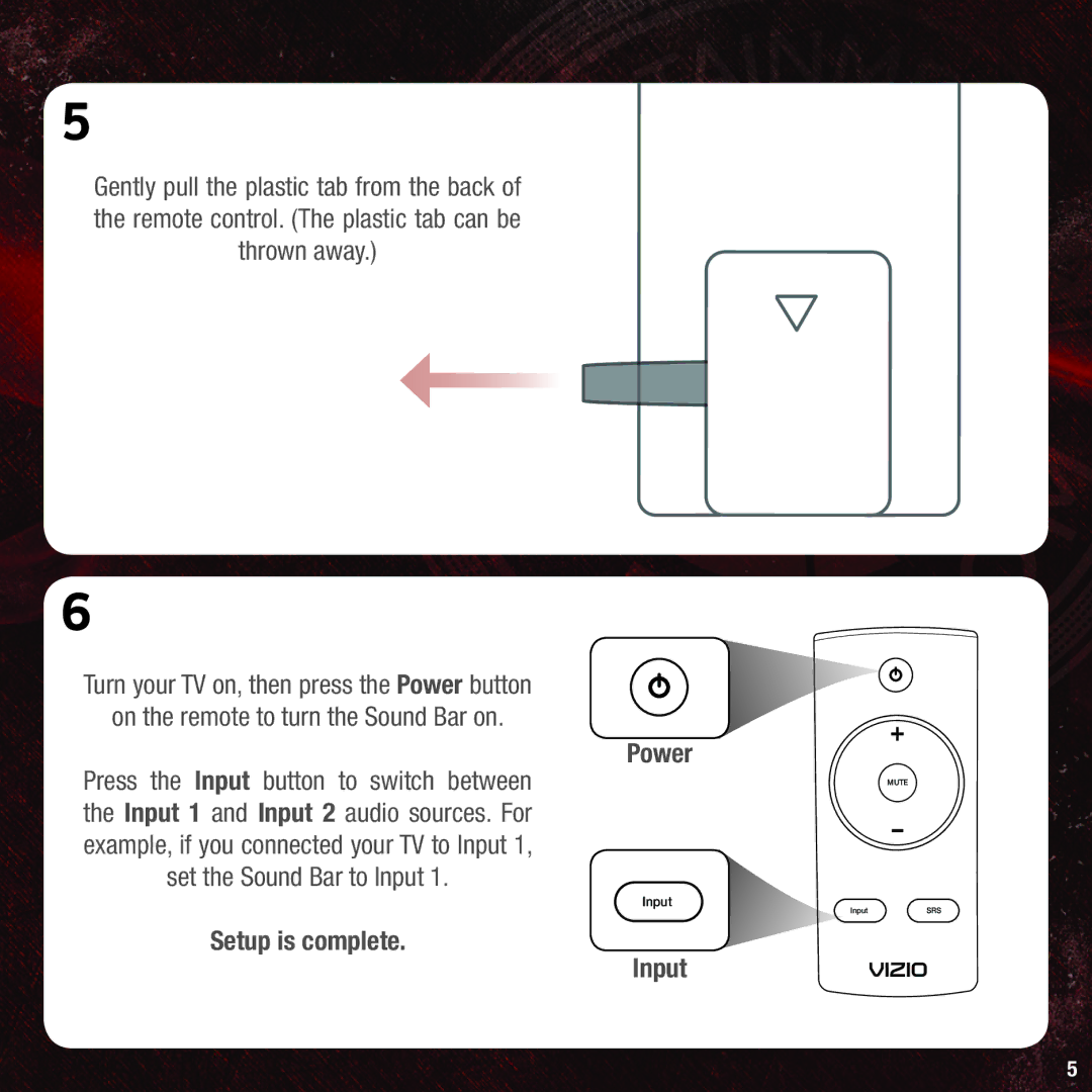 Vizio VSB205 quick start Power 