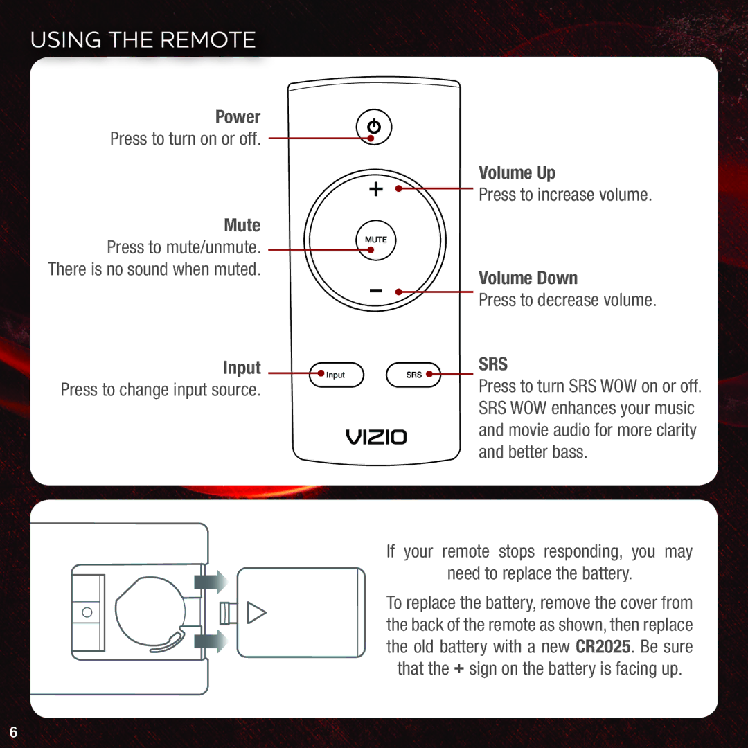 Vizio VSB205 quick start Using the Remote, Srs 