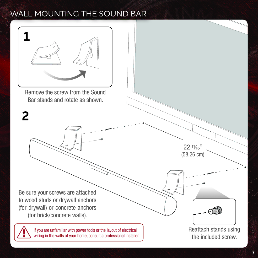 Vizio VSB205 quick start Wall Mounting the Sound BAR 