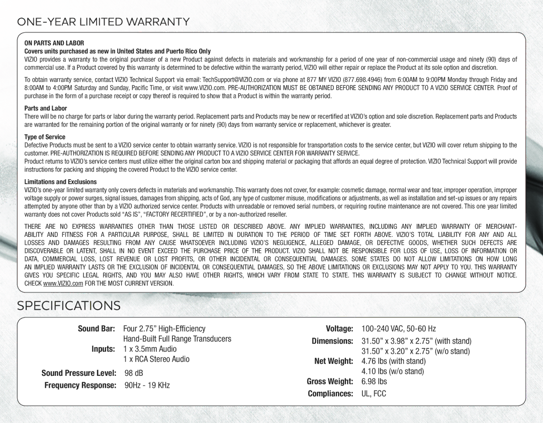 Vizio VSB206 quick start Specifications 