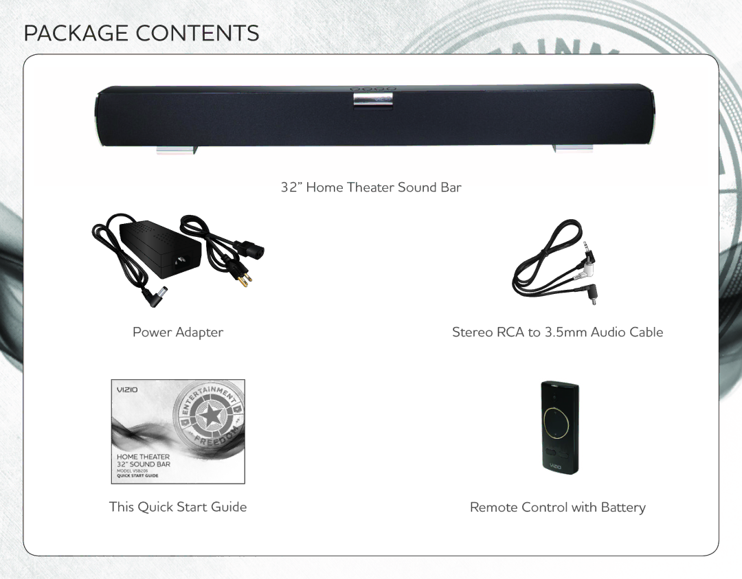 Vizio VSB206 quick start Package Contents 