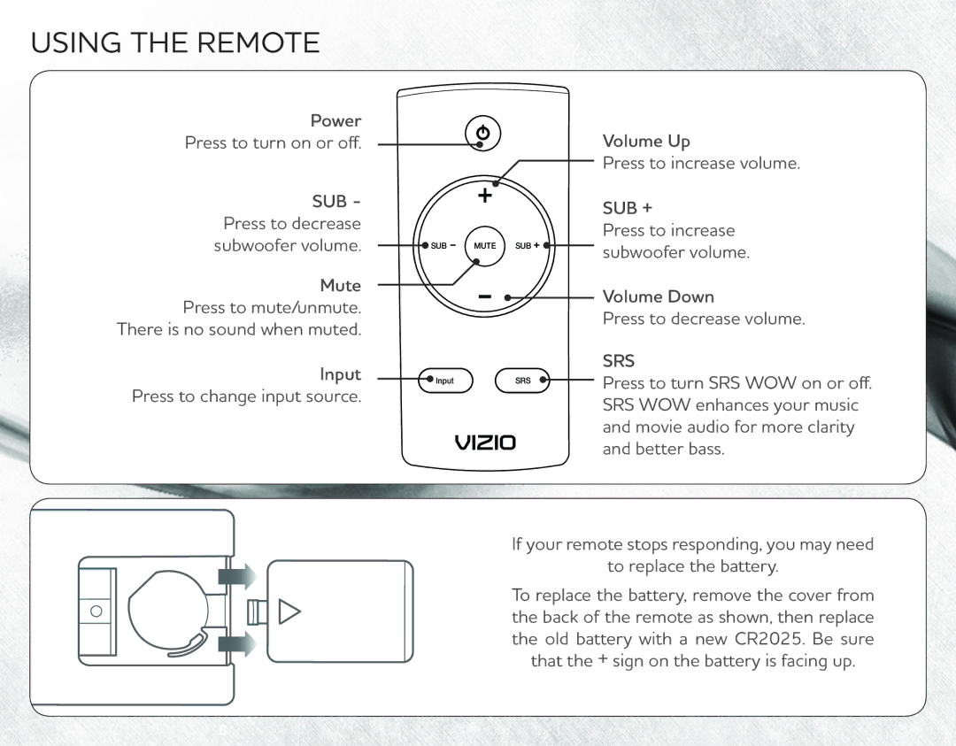 Vizio VSB206 quick start Using the Remote, Srs 