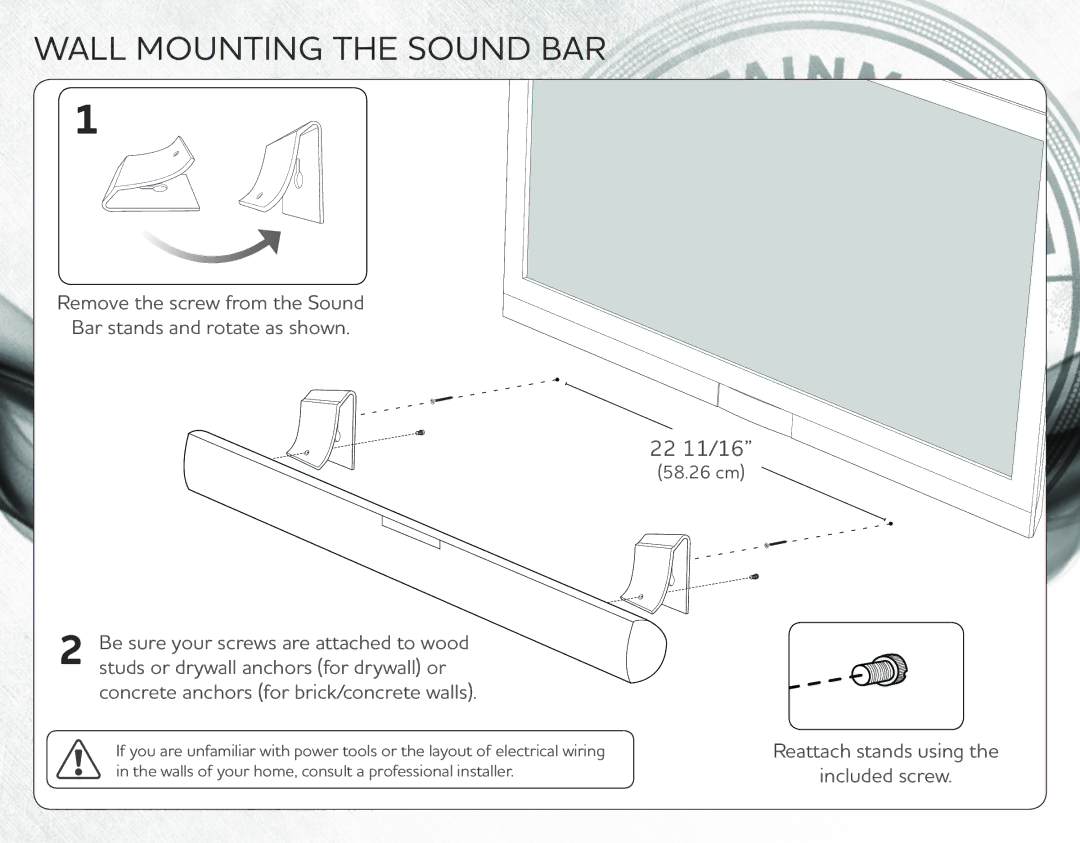 Vizio VSB206 quick start Wall Mounting the Sound BAR, 22 11/16 