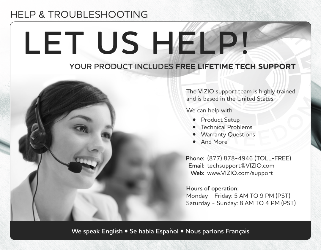 Vizio VSB206 Help & Troubleshooting, We can help with Product Setup, Technical Problems Warranty Questions, Let Us Help 