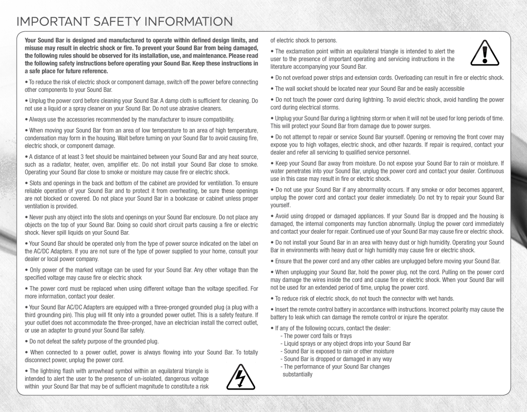 Vizio VSB206 quick start Important Safety Information 