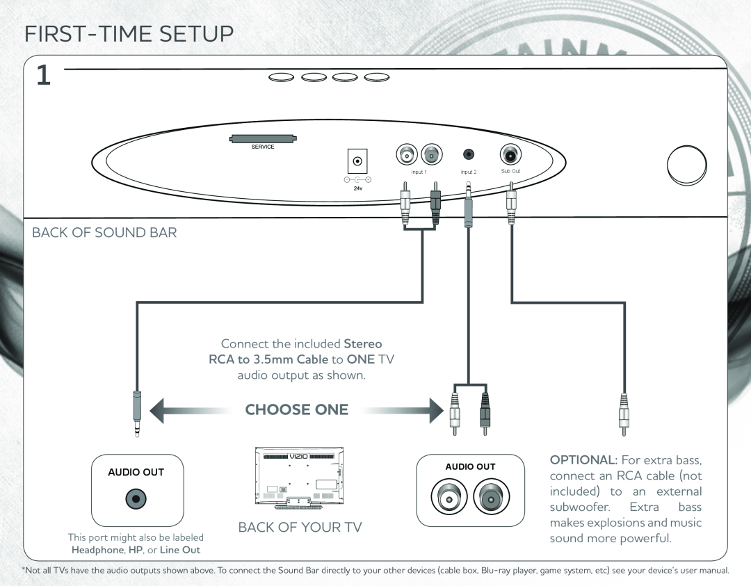 Vizio VSB206 First-Timesetup, Back Of Sound Bar, Back Of Your Tv, Choose One, Connect the included Stereo, Audio Out 