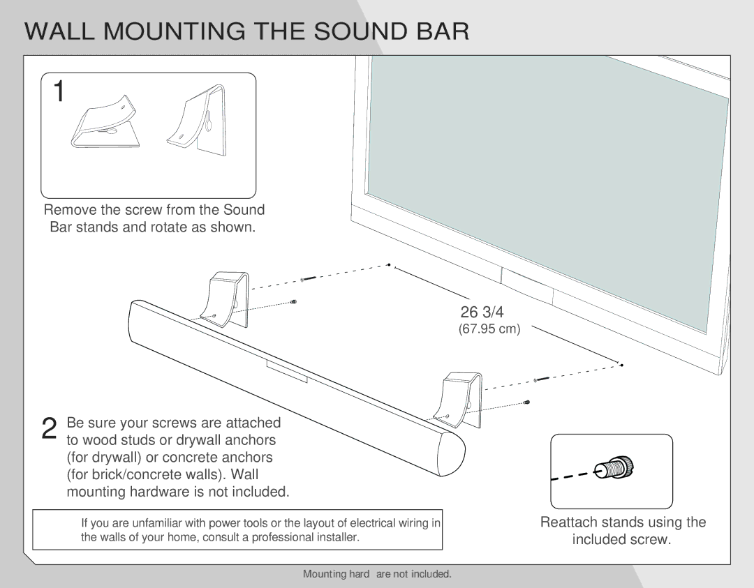 Vizio VSB207 quick start Wall Mounting the Sound BAR 