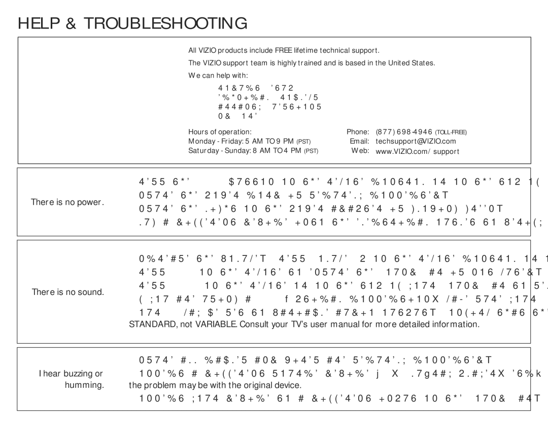 Vizio VSB207 quick start Help & Troubleshooting, Hear buzzing or 