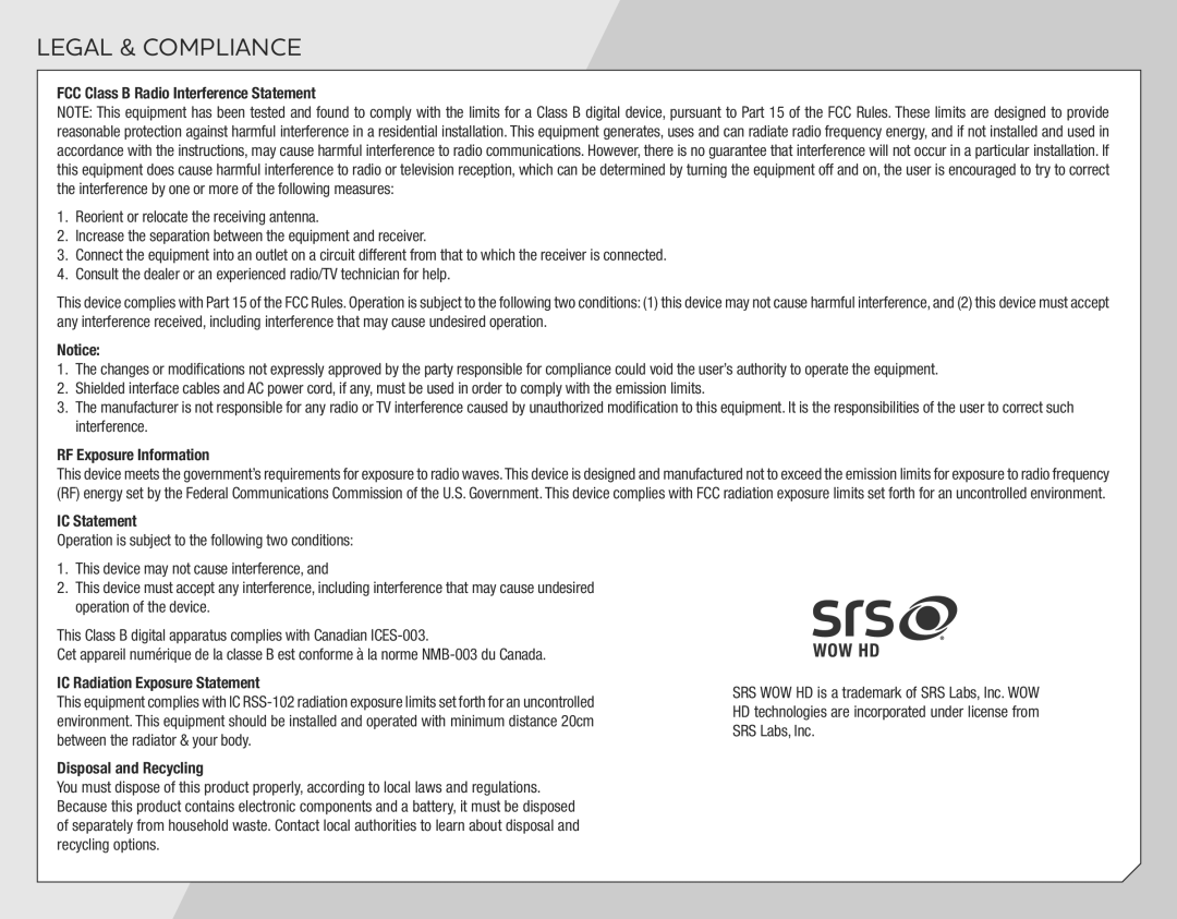 Vizio VSB207 quick start Legal & Compliance 