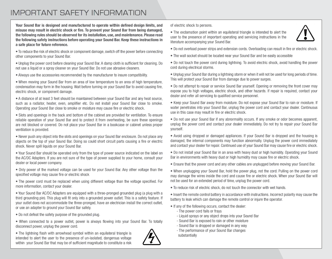 Vizio VSB207 quick start Important Safety Information 