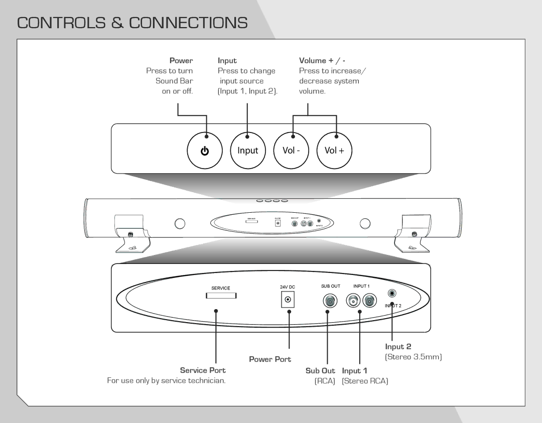 Vizio VSB207 quick start Controls & Connections, Power Input Volume + 