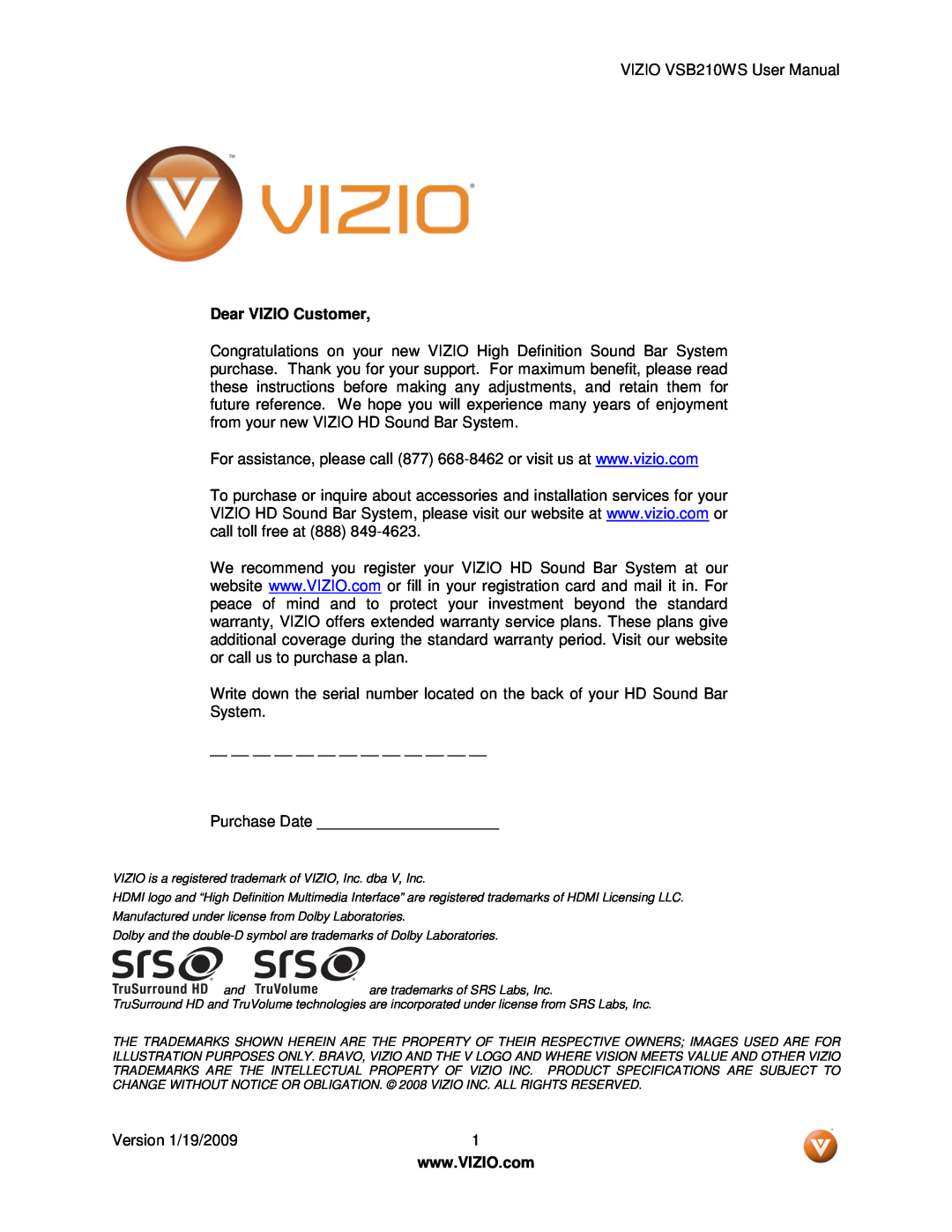 Vizio VSB210WS user manual Dear VIZIO Customer 