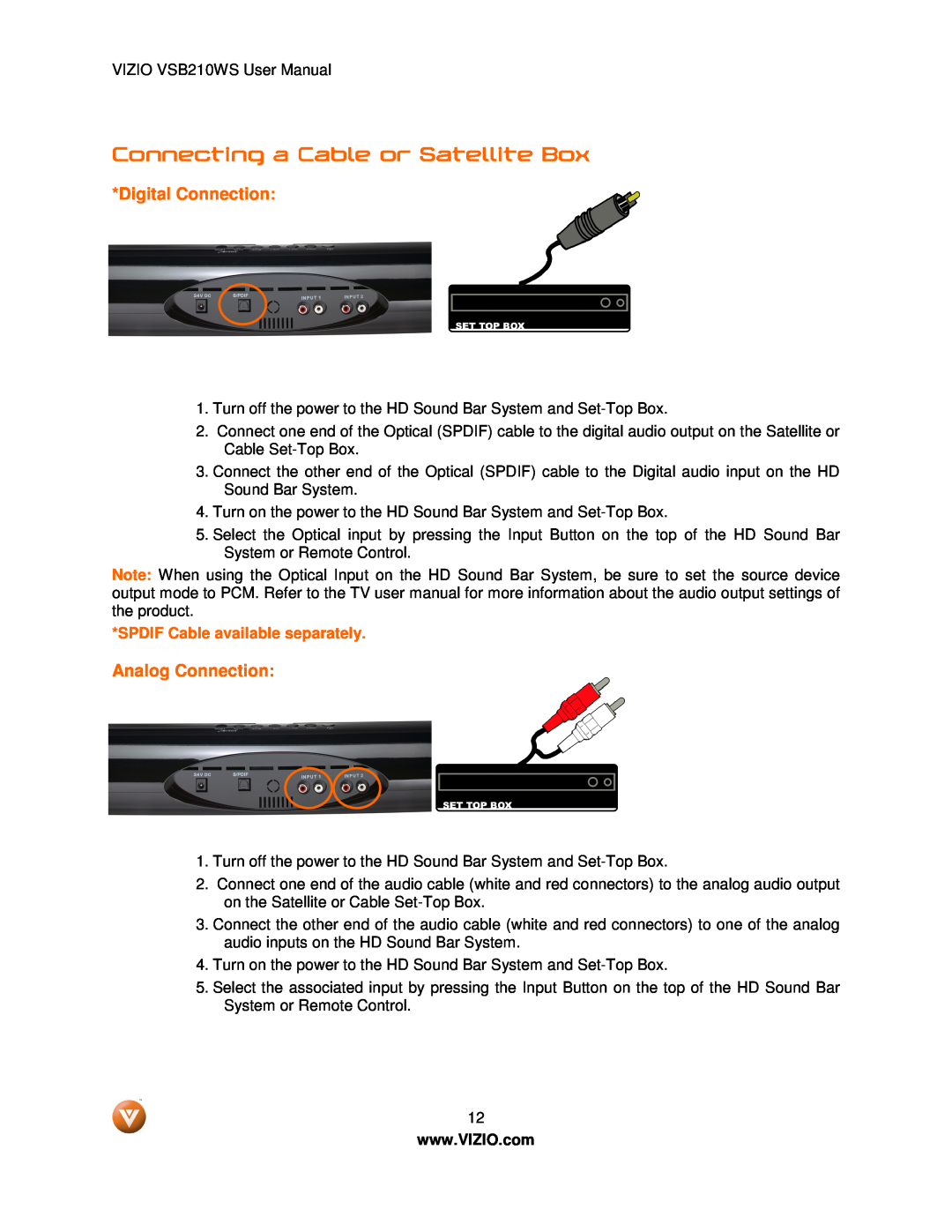 Vizio VSB210WS user manual Connecting a Cable or Satellite Box, Digital Connection, Analog Connection 