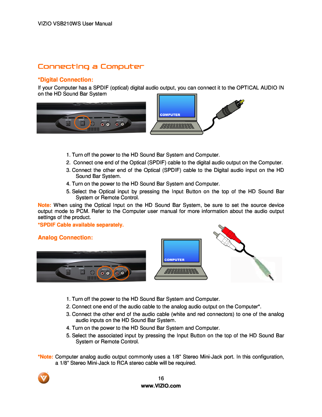 Vizio VSB210WS user manual Connecting a Computer, Digital Connection, Analog Connection, SPDIF Cable available separately 