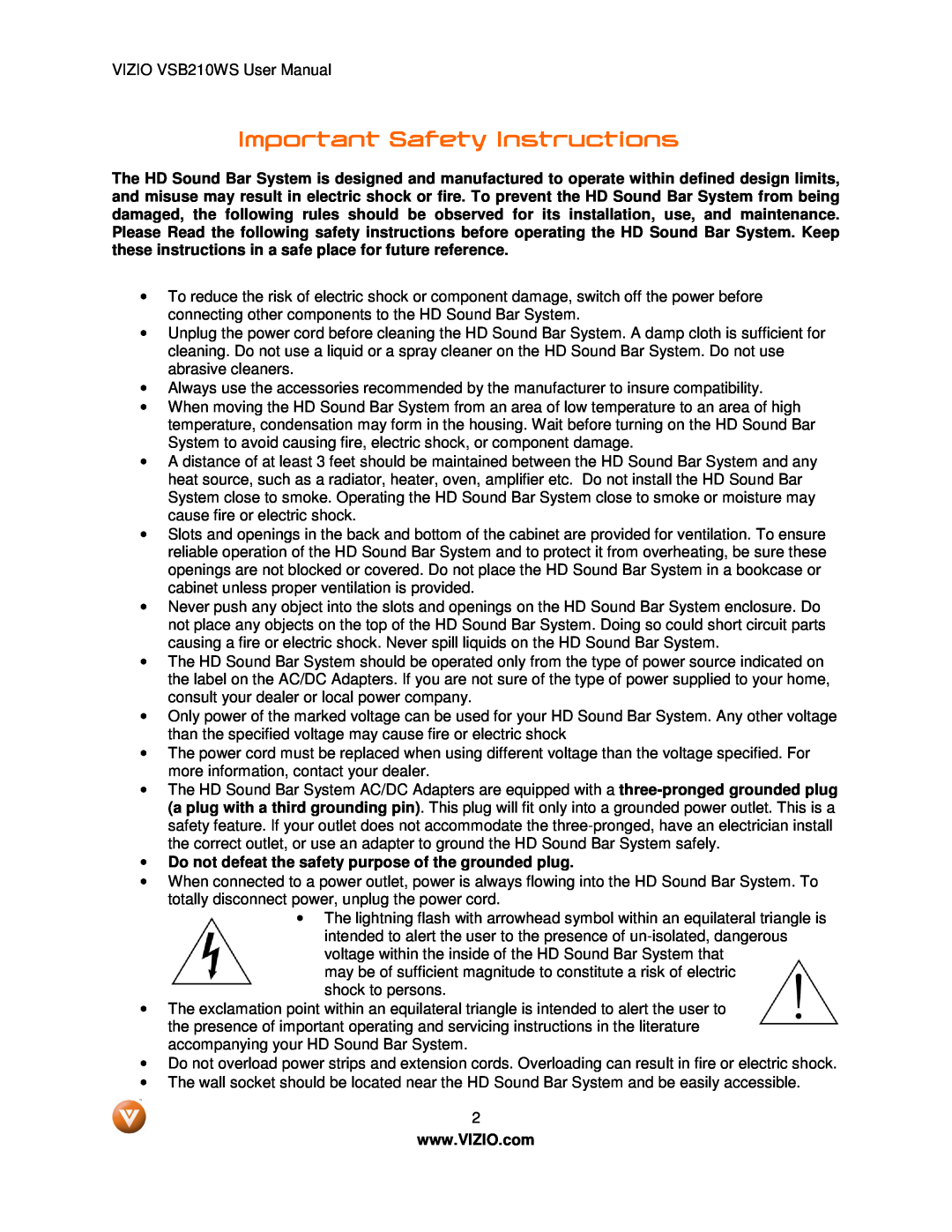 Vizio VSB210WS user manual Important Safety Instructions 