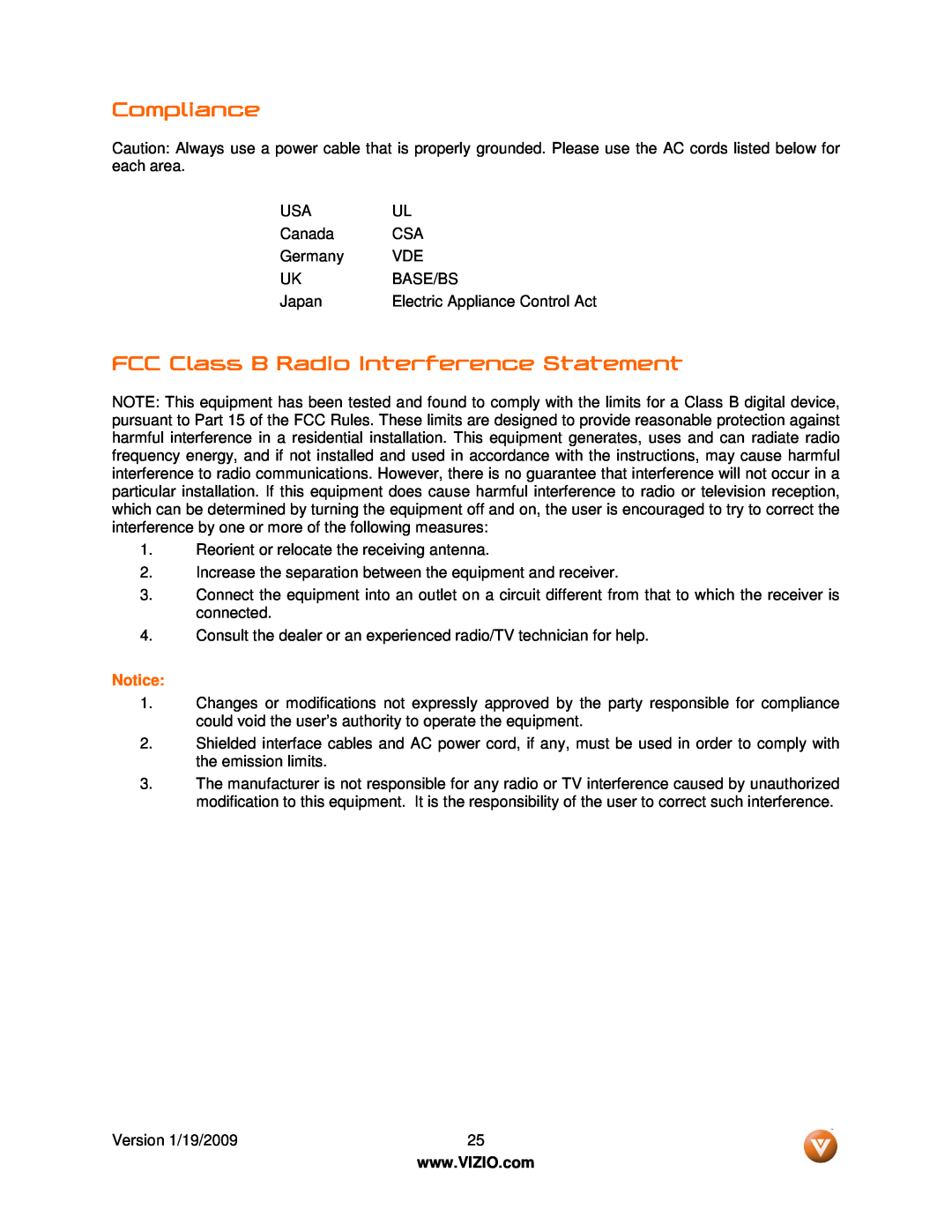 Vizio VSB210WS user manual Compliance, FCC Class B Radio Interference Statement, Notice 
