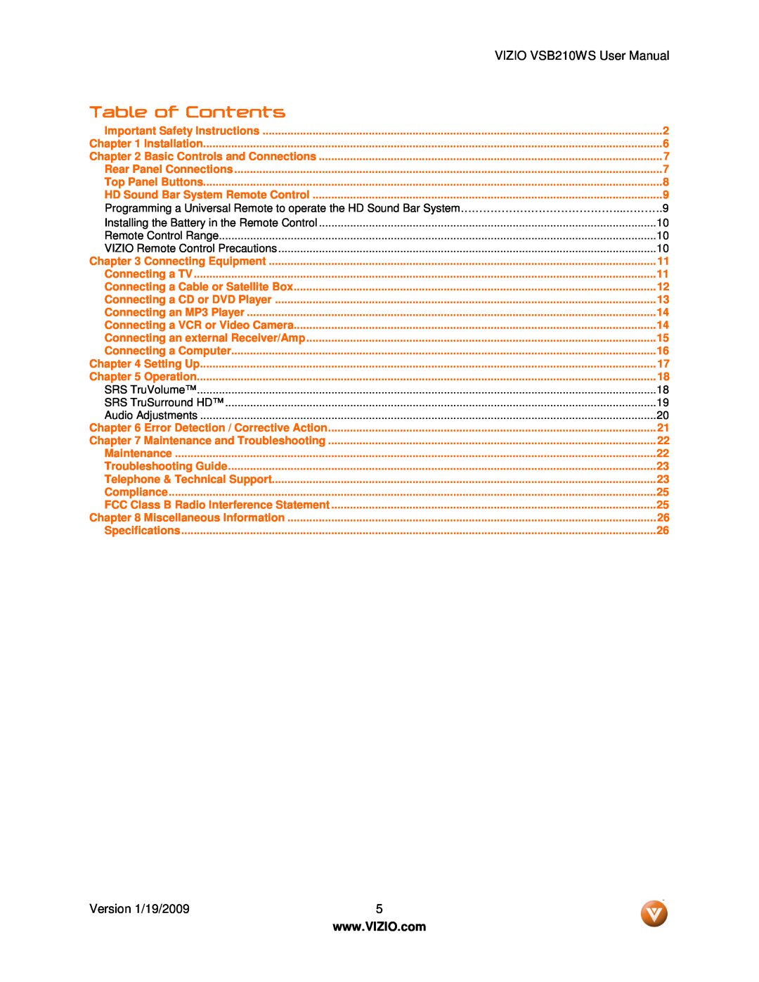 Vizio user manual Table of Contents, VIZIO VSB210WS User Manual 