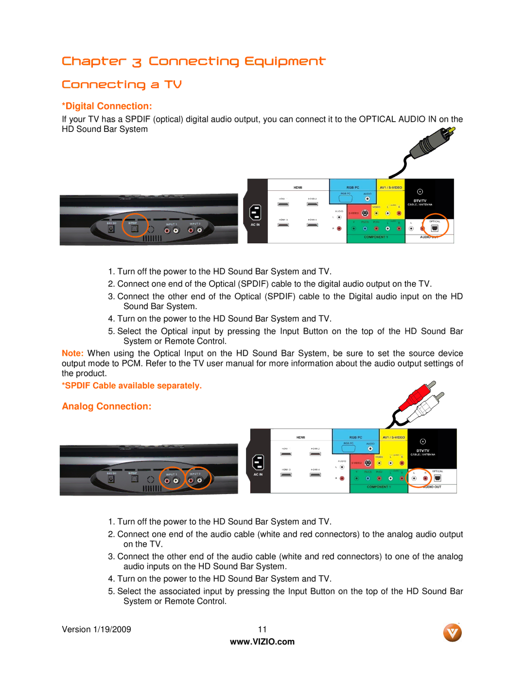 Vizio VSB210WS user manual Connecting Equipment, Connecting a TV 