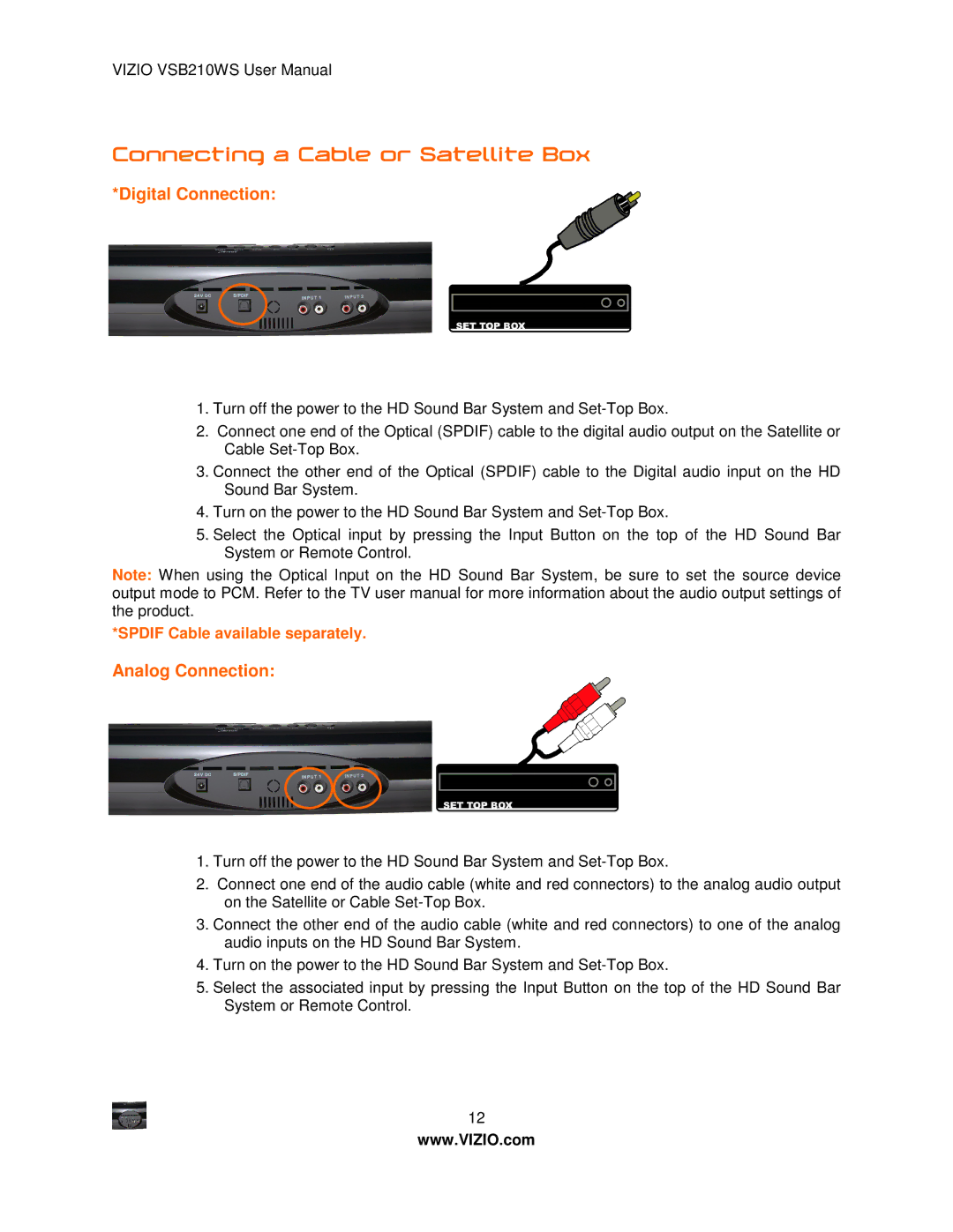 Vizio VSB210WS user manual Connecting a Cable or Satellite Box 