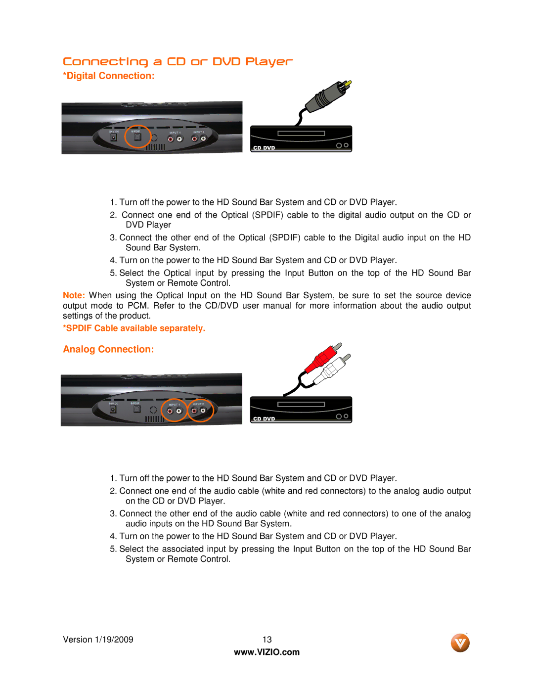 Vizio VSB210WS user manual Connecting a CD or DVD Player 