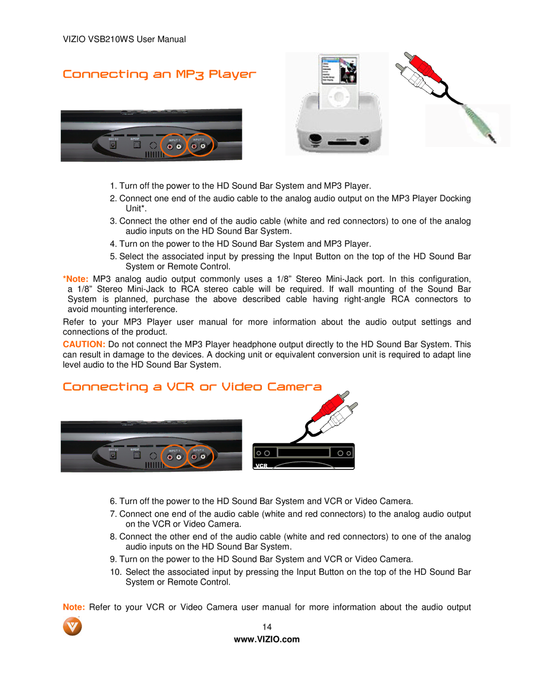 Vizio VSB210WS user manual Connecting an MP3 Player, Connecting a VCR or Video Camera 