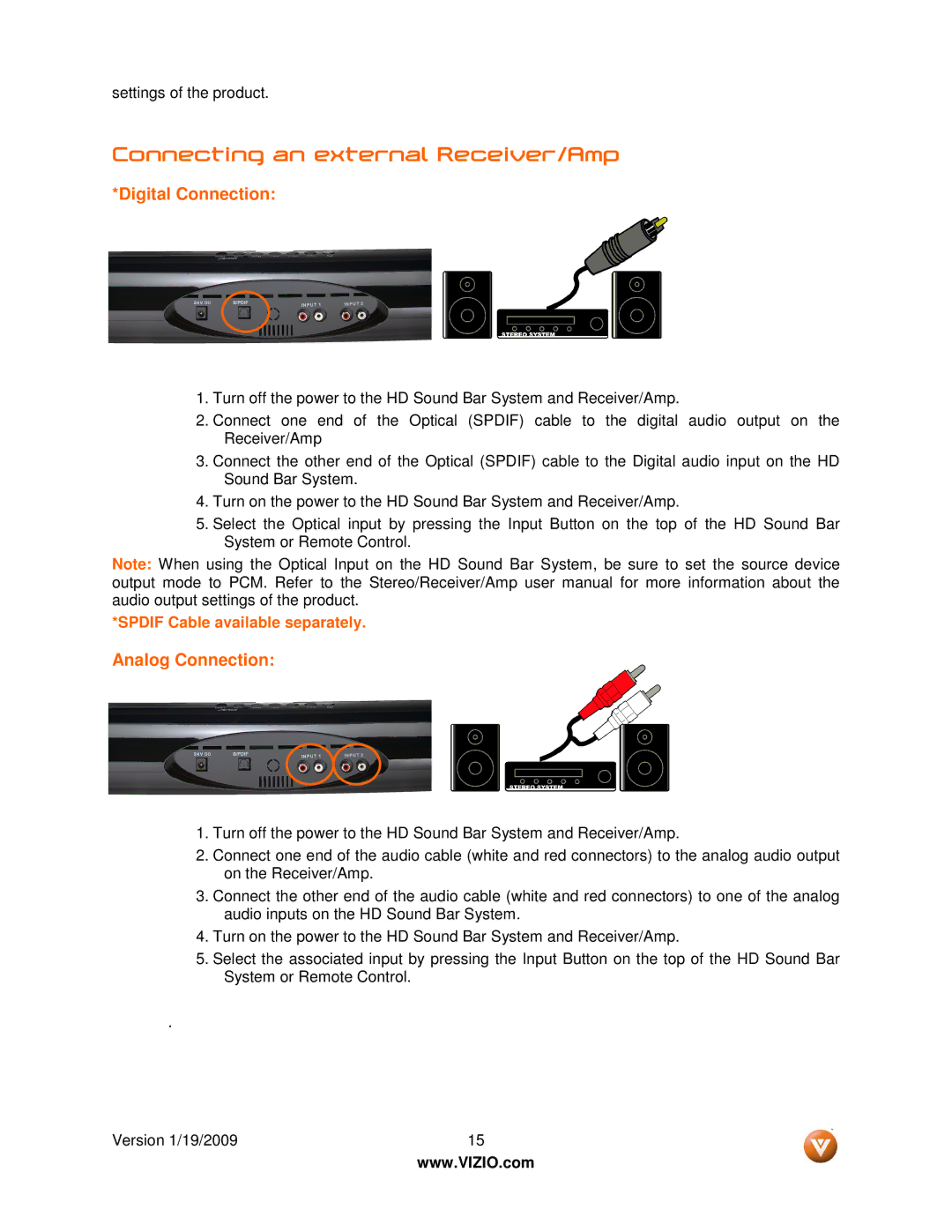 Vizio VSB210WS user manual Connecting an external Receiver/Amp 