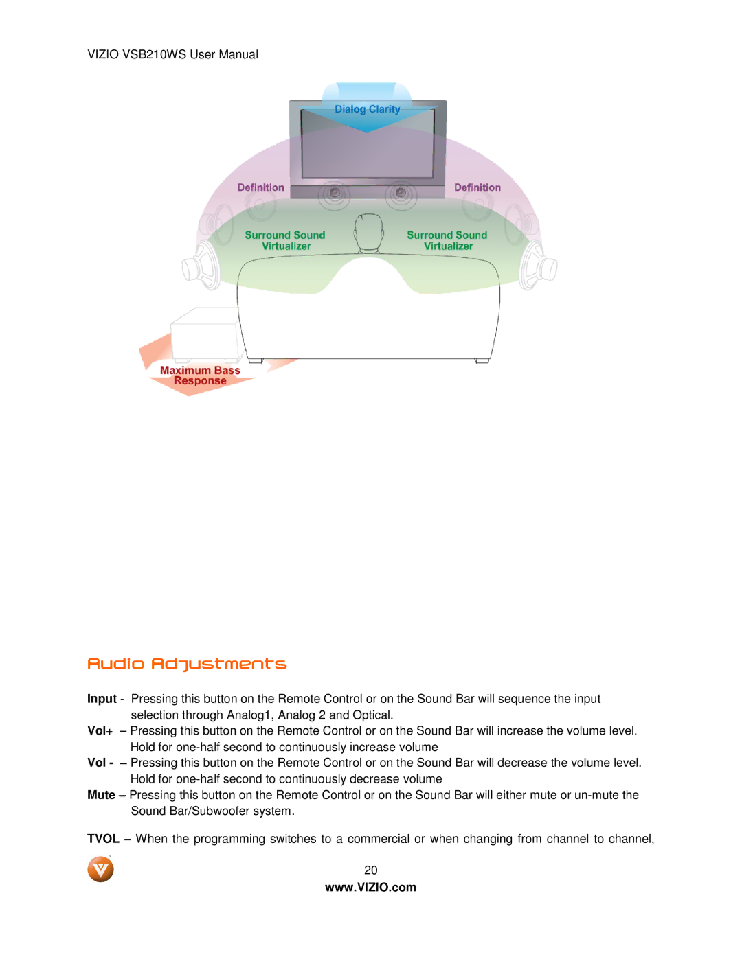 Vizio VSB210WS user manual Audio Adjustments 