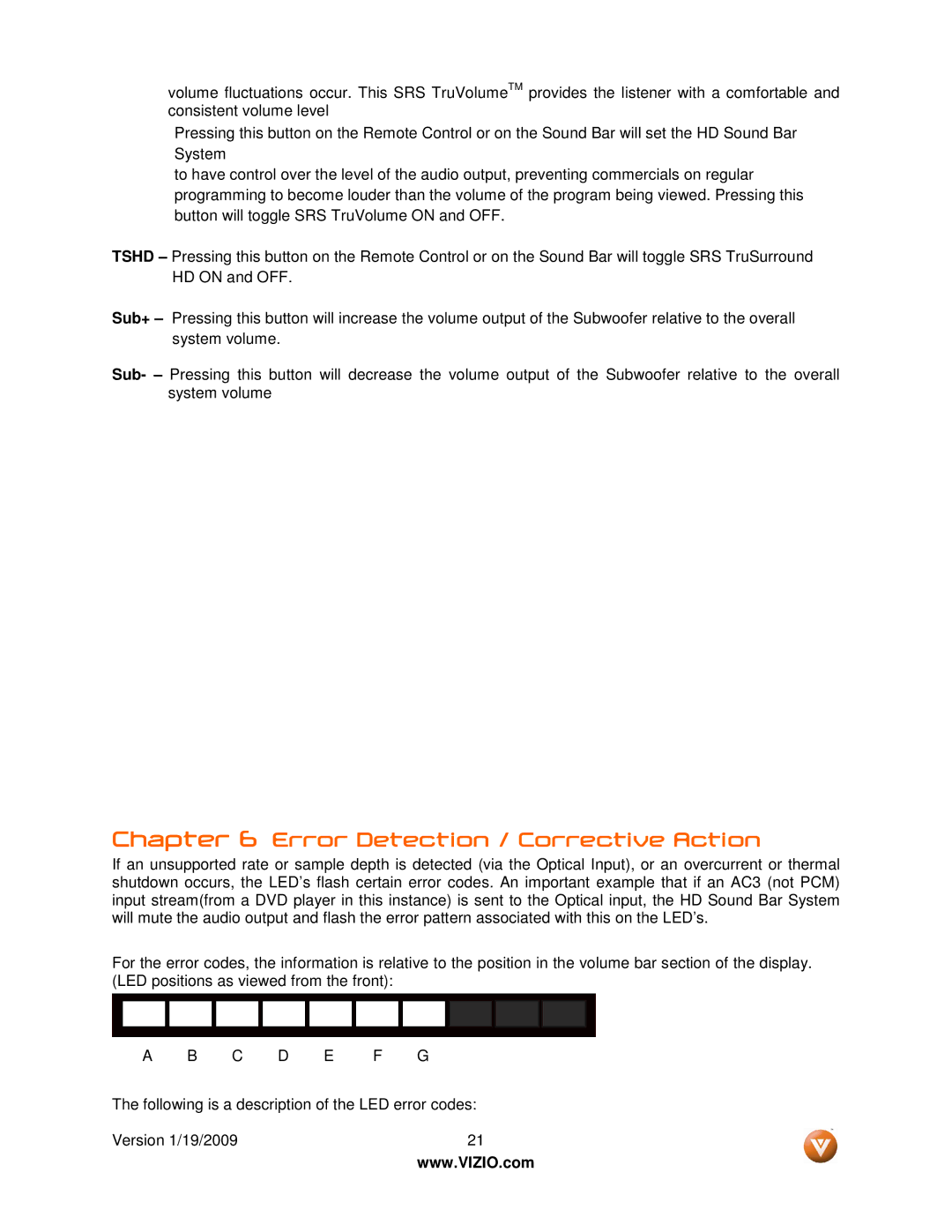 Vizio VSB210WS user manual Error Detection / Corrective Action, C D E F G 