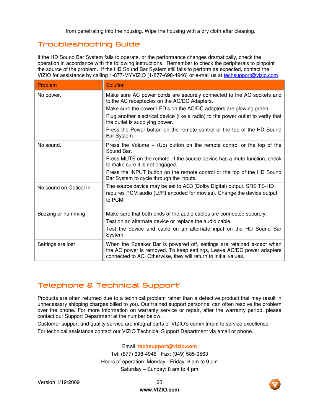 Vizio VSB210WS user manual Troubleshooting Guide, Telephone & Technical Support 