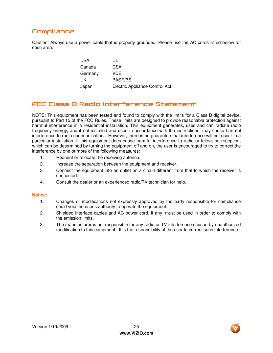 Vizio VSB210WS user manual Compliance, FCC Class B Radio Interference Statement 